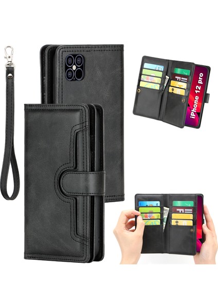 Iphone 12/12 Pro Telefon Kılıfı Anti -Çizgi Anti Şok Geçirmez Çoklu Kart Yuvaları Bölünmüş Deri Telefon Kapağı Telefon Çantası Kılıfı -Black (Yurt Dışından)