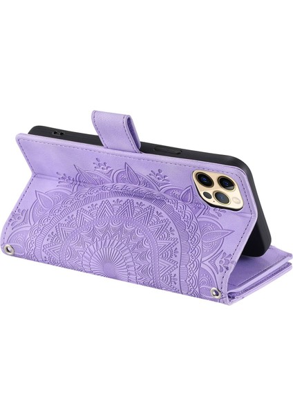 Iphone 12 Pro Max Mandala Çiçek Için Baskalı Damla Geçirmez Telefon Kapak Standı Çoklu Kart Yuvası Zipper Cep Cüzdanı Pu Deri Telefon Kılıfı (Yurt Dışından)