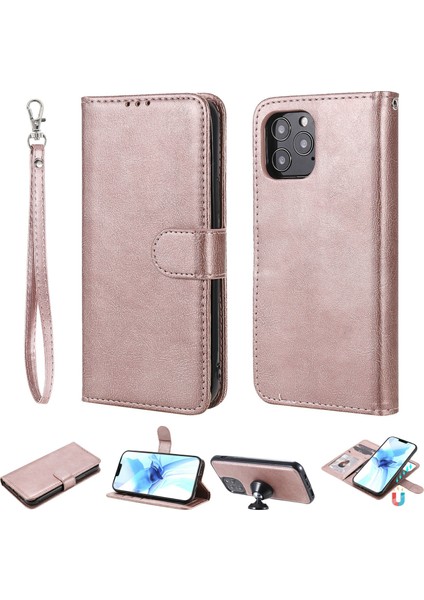 Iphone 12/12 Pro Phone Case Anti-Fall Anti-Fall Manyetik Kt Deri Serisi-3 Çıkarılabilir 2'si 1 Arada Cüzdan Tasarım Deri Kılıf -Rose Altın (Yurt Dışından)