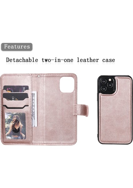 Iphone 12/12 Pro Phone Case Anti-Fall Anti-Fall Manyetik Kt Deri Serisi-3 Çıkarılabilir 2'si 1 Arada Cüzdan Tasarım Deri Kılıf -Rose Altın (Yurt Dışından)