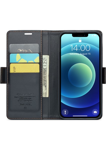 Iphone 12/12 Pro Litchi Doku Cüzdan Stand Telefon Kılıfı Rfid Engelleme Deri Kapak Black (Yurt Dışından)