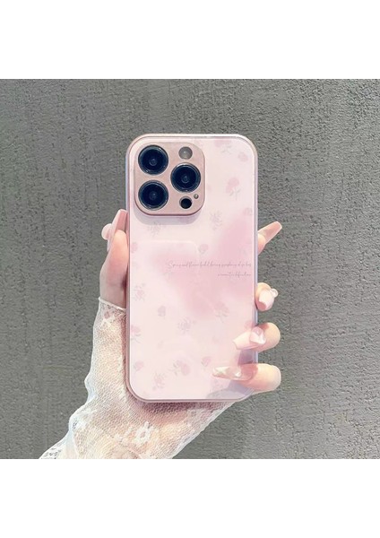 Iphone 12 Pro Max Gül Çiçek Dekoru Cep Telefon Kılıfı Metal Boya Temperli Cam+Tpu Telefon Kabuk-Pinki (Yurt Dışından)