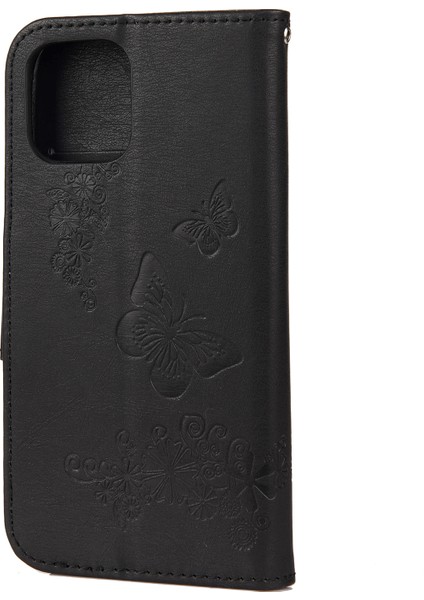 Iphone 12 Pro/12 Için Çiçek Kelebek Deri Cüzdan Kılıfı - Siyah (Yurt Dışından)