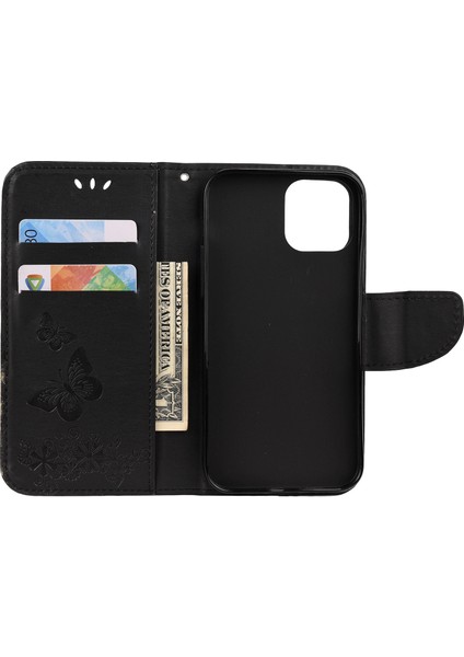 Iphone 12 Pro/12 Için Çiçek Kelebek Deri Cüzdan Kılıfı - Siyah (Yurt Dışından)
