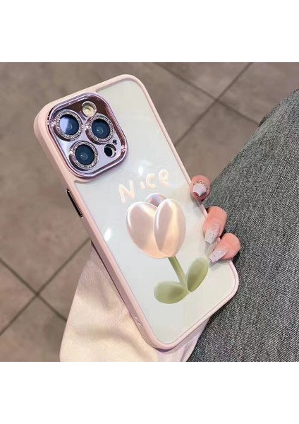 Iphone 12 Pro Için Lale Desen Telefon Kapağı, Işıltılı Toz Dekor Cam+Tpu Telefon Kılıfı - Pembe (Yurt Dışından)