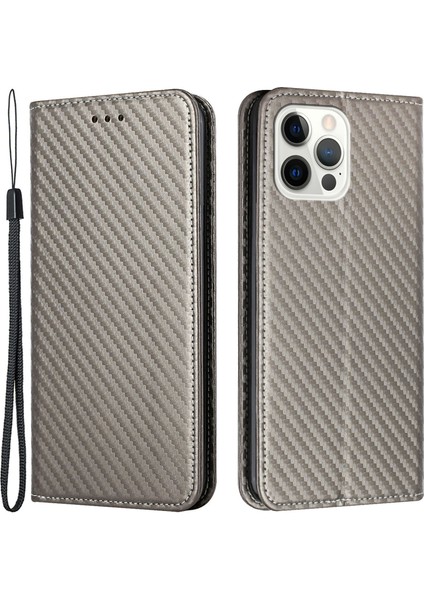 Iphone 12/12 Pro Telefon Kılıfı Karbon Fiber Doku Standı Fonksiyon Otomatik Kapanış Manyetik Deri Kılıf Cüzdan -Grey (Yurt Dışından)