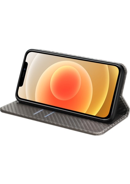 Iphone 12/12 Pro Telefon Kılıfı Karbon Fiber Doku Standı Fonksiyon Otomatik Kapanış Manyetik Deri Kılıf Cüzdan -Grey (Yurt Dışından)