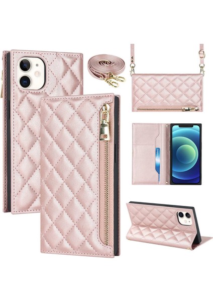 Iphone 12 Pro Telefon Kılıf Anti-Drop Telefon Kapağı Rhombus Rhombus Baskalı Telefon Kılıfı Pu Deri Fermuar Cep Cüzdan Omuz Kayışı Rosalı Altın Stand (Yurt Dışından)