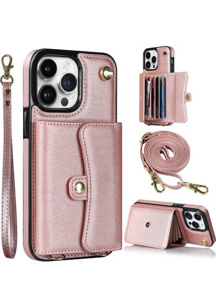 Iphone 12 Pro Maks Kart Yuvaları Için Telefon Kılıfı Pu Derisi +Tpu Kickstand Kapak Kısa +Uzun Kayışlar Golü Altın (Yurt Dışından)