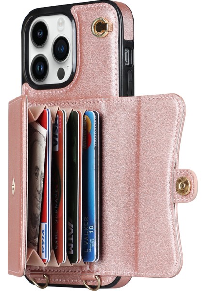 Iphone 12 Pro Maks Kart Yuvaları Için Telefon Kılıfı Pu Derisi +Tpu Kickstand Kapak Kısa +Uzun Kayışlar Golü Altın (Yurt Dışından)