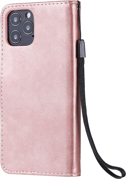 Kt Deri Serisi-2 Düz Renkli Cüzdan Stand Deri Kılıf Iphone 12 Pro-Rose Altın Için Kayış (Yurt Dışından)