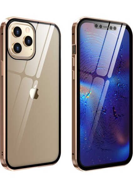 Iphone 12/12 Pro Kılıfı Manyetik Kurulum Metal Kenarı+Çift Taraflı Temperli Cam Kapak-Altın (Yurt Dışından)