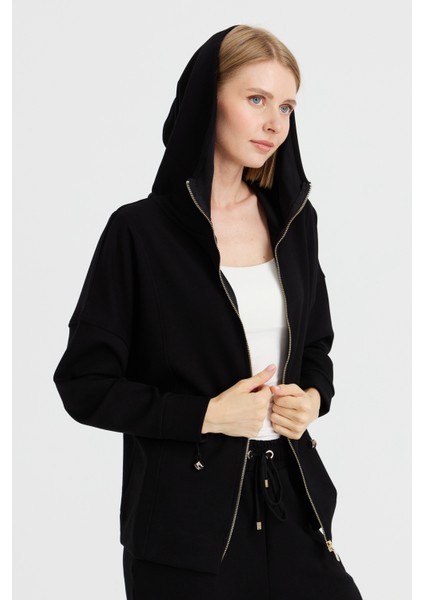 Kadın Kapüşonlu Beli Büzgülü Sweat Siyah