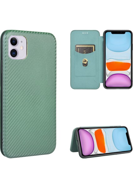 Karbon Fiber Otomatik Emici Stant Deri Mobil Kılıf iPhone 12 Pro/12 - Yeşil (Yurt Dışından)