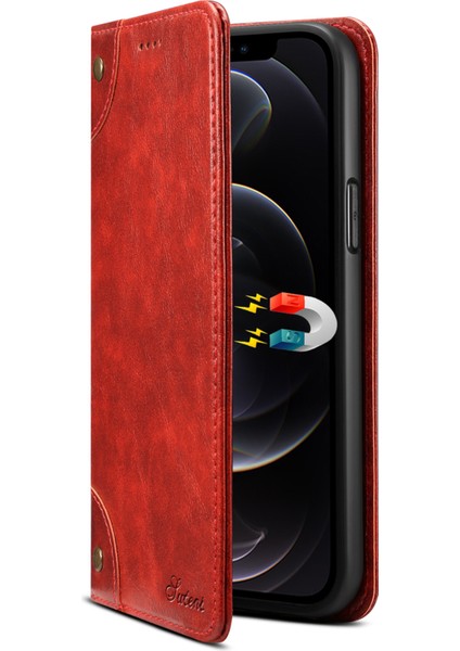 Iphone 12/12 Pro Telefon Kılıfı Basit Stil Güçlü Otomatik Ahmed Pu Deri+Tpu Kasa Cüzdan Stand Şok Geçirmez Telefon Kabuğu -Red (Yurt Dışından)