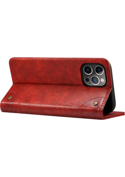Iphone 12/12 Pro Telefon Kılıfı Basit Stil Güçlü Otomatik Ahmed Pu Deri+Tpu Kasa Cüzdan Stand Şok Geçirmez Telefon Kabuğu -Red (Yurt Dışından)