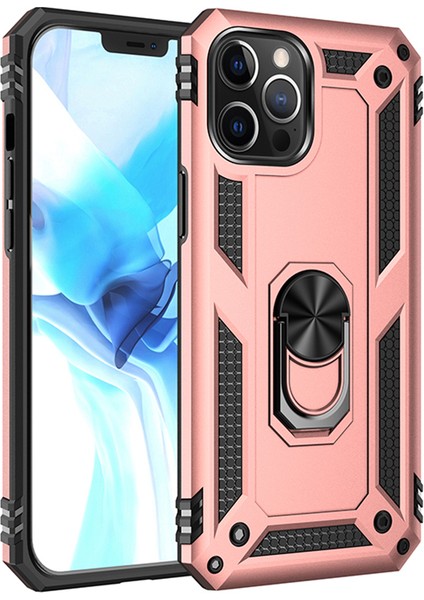 Ring Kickstand Armor Case Pc Tpu Combo Koruyucu Kapak Iphone 12 Pro Max - Gül Altın (Yurt Dışından)