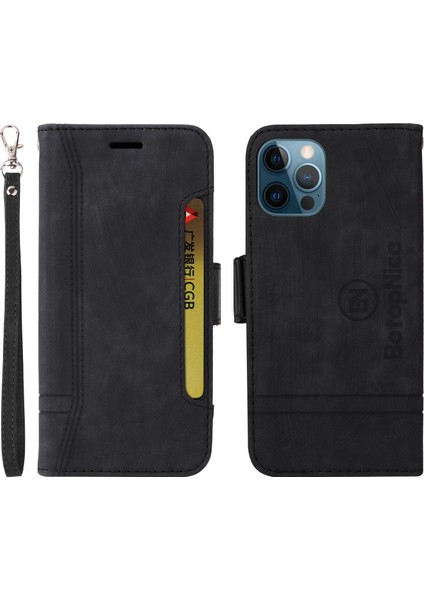 Iphone 12/12 Pro Telefon Kılıfı Için Baskılı Dikiş Hattı Pu Deri+Tpu Kasa Cüzdan Stand Telefon Kapağı Strap-Black (Yurt Dışından)
