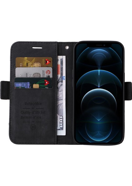 Iphone 12/12 Pro Telefon Kılıfı Için Baskılı Dikiş Hattı Pu Deri+Tpu Kasa Cüzdan Stand Telefon Kapağı Strap-Black (Yurt Dışından)