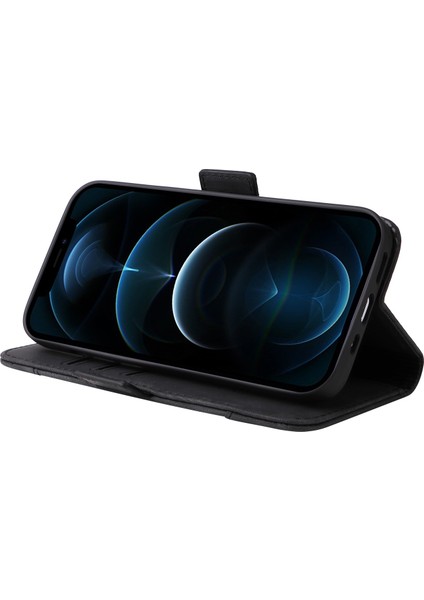 Iphone 12/12 Pro Telefon Kılıfı Için Baskılı Dikiş Hattı Pu Deri+Tpu Kasa Cüzdan Stand Telefon Kapağı Strap-Black (Yurt Dışından)