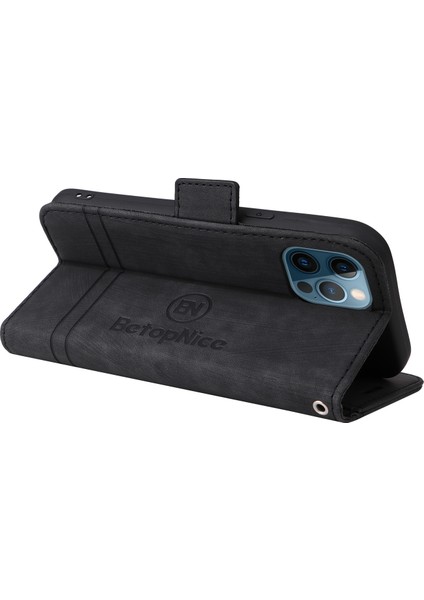 Iphone 12/12 Pro Telefon Kılıfı Için Baskılı Dikiş Hattı Pu Deri+Tpu Kasa Cüzdan Stand Telefon Kapağı Strap-Black (Yurt Dışından)