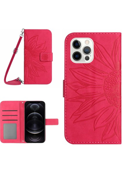 Iphone 12/12 Pro Telefon Kılıfı HT04 Baskılı Ayçiçeği Telefon Cüzdan Standı Kılıf Cilt Touch Pu Deri Folyo Flip Kapak Omuz Kayışı Ros (Yurt Dışından)