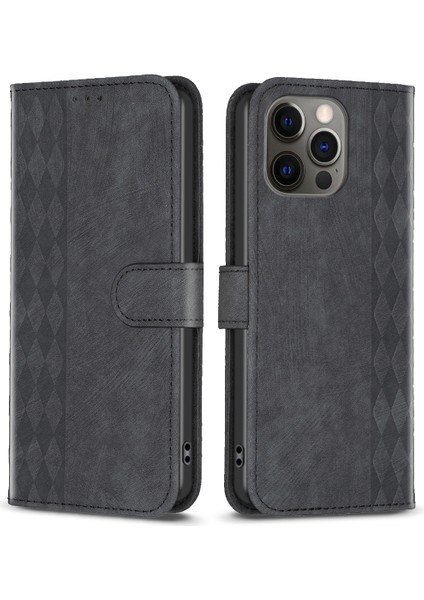 Iphone 12/12 Pro Magnicy Telekle Baskı Izgara Desen Standı Kapak Telefon Cüzdan Case-Black (Yurt Dışından)