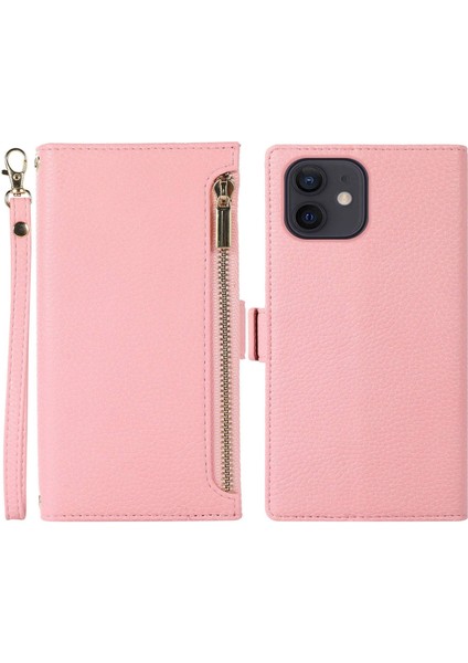 Iphone 12 Pro Max Zipper Cep Tasarımı Için Litchi Doku Telefon Kılıfı, Pu Deri Deri Şok Geçirmez Flip Kapak Cüzdanı Strap-Pink ile (Yurt Dışından)
