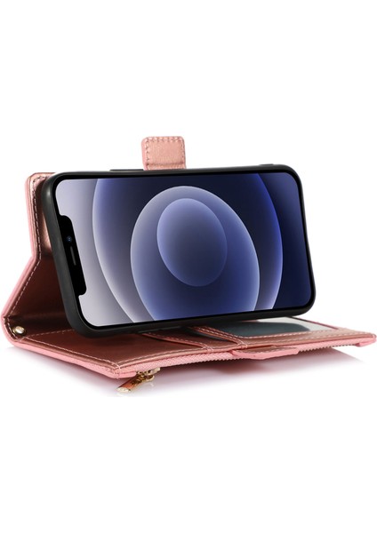 Iphone 12 Pro Max Zipper Cep Tasarımı Için Litchi Doku Telefon Kılıfı, Pu Deri Deri Şok Geçirmez Flip Kapak Cüzdanı Strap-Pink ile (Yurt Dışından)