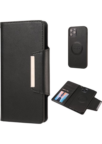 Iphone 12 Pro/12-Black Için Pu Deri Cüzdan Cep Telefonu Raf Kapağı Çıkarılabilir Iç Tpu Kılıfı (Yurt Dışından)