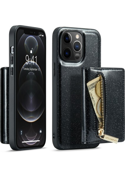 Iphone 12 Pro Max 2'de 2-1 Arada Pu Deri Kapalı Pc+Tpu Şok Geçirmez Geri Kickstand Magnetic Seyir Çıkarılabilir Fermuar Cüzdan Telefon Kapak Black (Yurt Dışından)