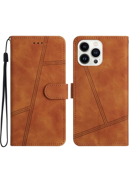 Iphone 12 Pro Max Cilt Touch Hissed Hisset Anti-Çizgi Vintage Pu Deri Telefon Kapak Çizgileri Cüzdan-Brown ile Flip Stand Kablosu (Yurt Dışından)
