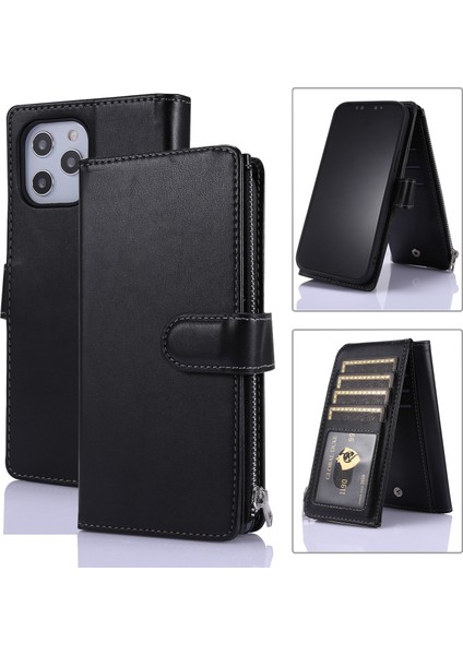 Iphone 12 Pro Max Için Fermuar Cepli Deri Cüzdan Stand Kapak Kılıfı - Black (Yurt Dışından)