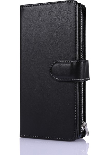 Iphone 12 Pro Max Için Fermuar Cepli Deri Cüzdan Stand Kapak Kılıfı - Black (Yurt Dışından)