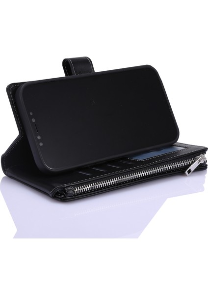 Iphone 12 Pro Max Için Fermuar Cepli Deri Cüzdan Stand Kapak Kılıfı - Black (Yurt Dışından)