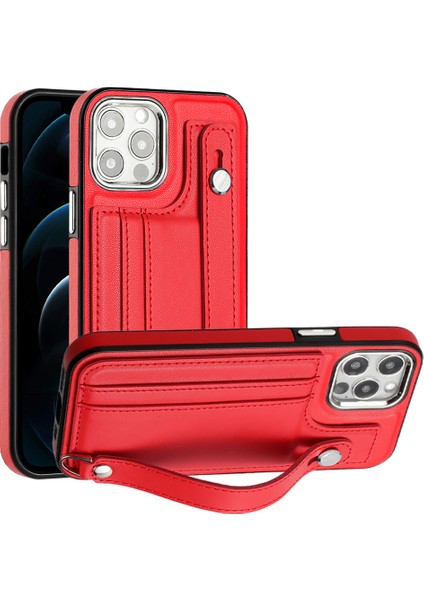 Iphone 12/12 Pro Kickstand Case Yb Deri Kaplama Serisi-5 Kart Tutucu Tpu Telefon Kapak-Kırmızı (Yurt Dışından)