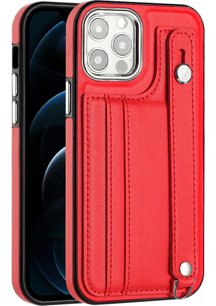 Iphone 12/12 Pro Kickstand Case Yb Deri Kaplama Serisi-5 Kart Tutucu Tpu Telefon Kapak-Kırmızı (Yurt Dışından)