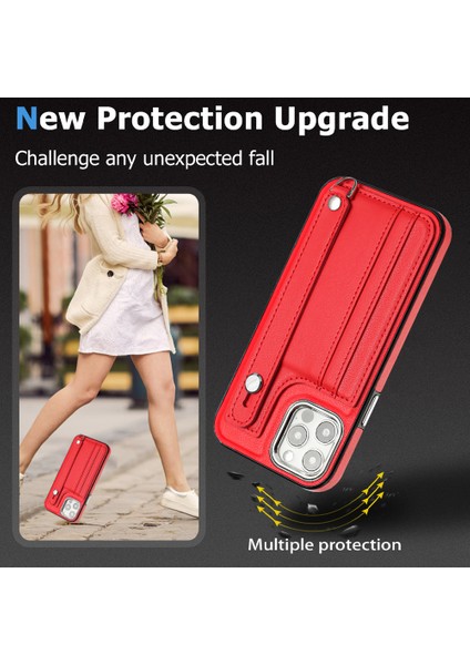 Iphone 12/12 Pro Kickstand Case Yb Deri Kaplama Serisi-5 Kart Tutucu Tpu Telefon Kapak-Kırmızı (Yurt Dışından)