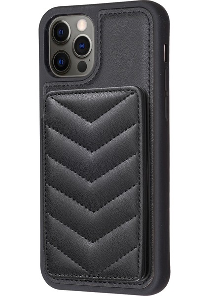 Iphone 12 Pro Max Slim Fit Wave Doku Telefon Kılıf Kart Tutucu Kickstand Tpu+Pu Deri Telefon Shell-Black (Yurt Dışından)