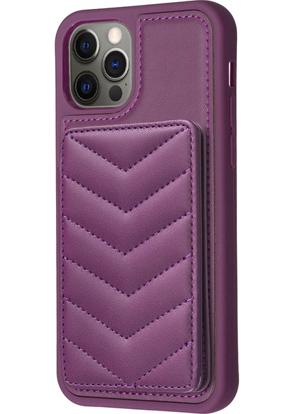 Iphone 12 Pro Max Slim Fit Wave Doku Telefon Kılıf Kart Tutucu Kickstand Tpu+Pu Deri Telefon Kabuk-Dark Mor (Yurt Dışından)