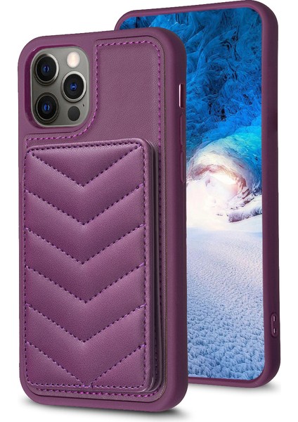 Iphone 12 Pro Max Slim Fit Wave Doku Telefon Kılıf Kart Tutucu Kickstand Tpu+Pu Deri Telefon Kabuk-Dark Mor (Yurt Dışından)