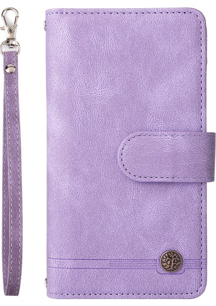 Iphone 12/12 Pro Phone Case Stripes Için Baskılı Cilt Touch Cüzdan Deri Deri Kapak Çoklu Kart Yuvaları Fermuar Cep ile Flip Koruyucu Kılıf -Purple (Yurt Dışından)