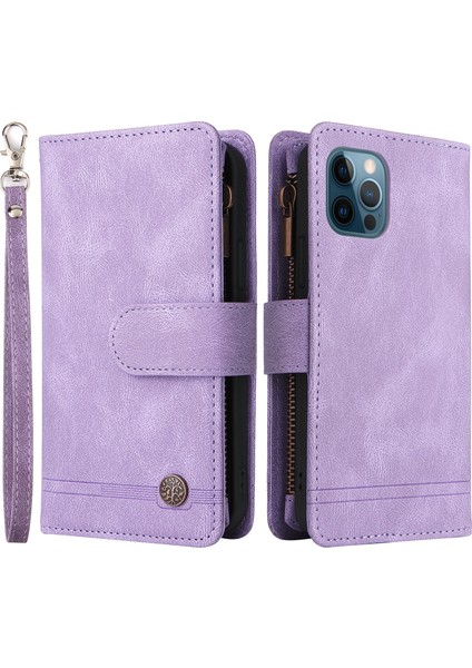 Iphone 12/12 Pro Phone Case Stripes Için Baskılı Cilt Touch Cüzdan Deri Deri Kapak Çoklu Kart Yuvaları Fermuar Cep ile Flip Koruyucu Kılıf -Purple (Yurt Dışından)