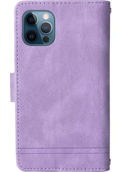 Iphone 12/12 Pro Phone Case Stripes Için Baskılı Cilt Touch Cüzdan Deri Deri Kapak Çoklu Kart Yuvaları Fermuar Cep ile Flip Koruyucu Kılıf -Purple (Yurt Dışından)