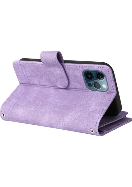 Iphone 12/12 Pro Phone Case Stripes Için Baskılı Cilt Touch Cüzdan Deri Deri Kapak Çoklu Kart Yuvaları Fermuar Cep ile Flip Koruyucu Kılıf -Purple (Yurt Dışından)