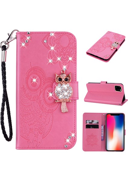 Baykuş Izi Rhinestone Dekor Deri Telefon Kapağı Iphone 12 Pro/iphone 12 - Pink Için (Yurt Dışından)