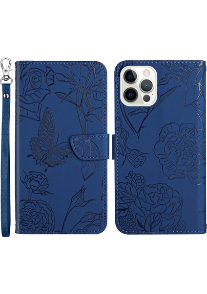 Iphone 12/12 Pro Phone Case Cilt Touch Pu Deri Telefon Kılıfı Şık Kelebekler Baskılı Anti-Drop Folio Flip Kapak Cüzdan Stand-Blue (Yurt Dışından)