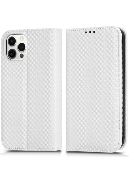 Iphone 12 Pro Max Telefon Kılıfı Bırak-Kötü Telefon Kılıfı Pu Deri Manyetik Otomatik Emzik Flip Cüzdan Kapak Stand Stand Izgara Dokusu Cep Telefonu Kabuk-Beyaz (Yurt Dışından)