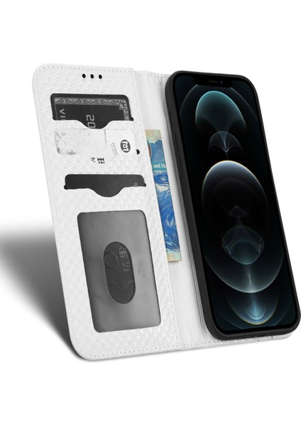 Iphone 12 Pro Max Telefon Kılıfı Bırak-Kötü Telefon Kılıfı Pu Deri Manyetik Otomatik Emzik Flip Cüzdan Kapak Stand Stand Izgara Dokusu Cep Telefonu Kabuk-Beyaz (Yurt Dışından)