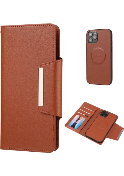 Iphone 12 Pro/12-Brown Için Pu Deri Cüzdan Cep Telefonu Raf Kapağı Çıkarılabilir Iç Tpu Kılıfı (Yurt Dışından)